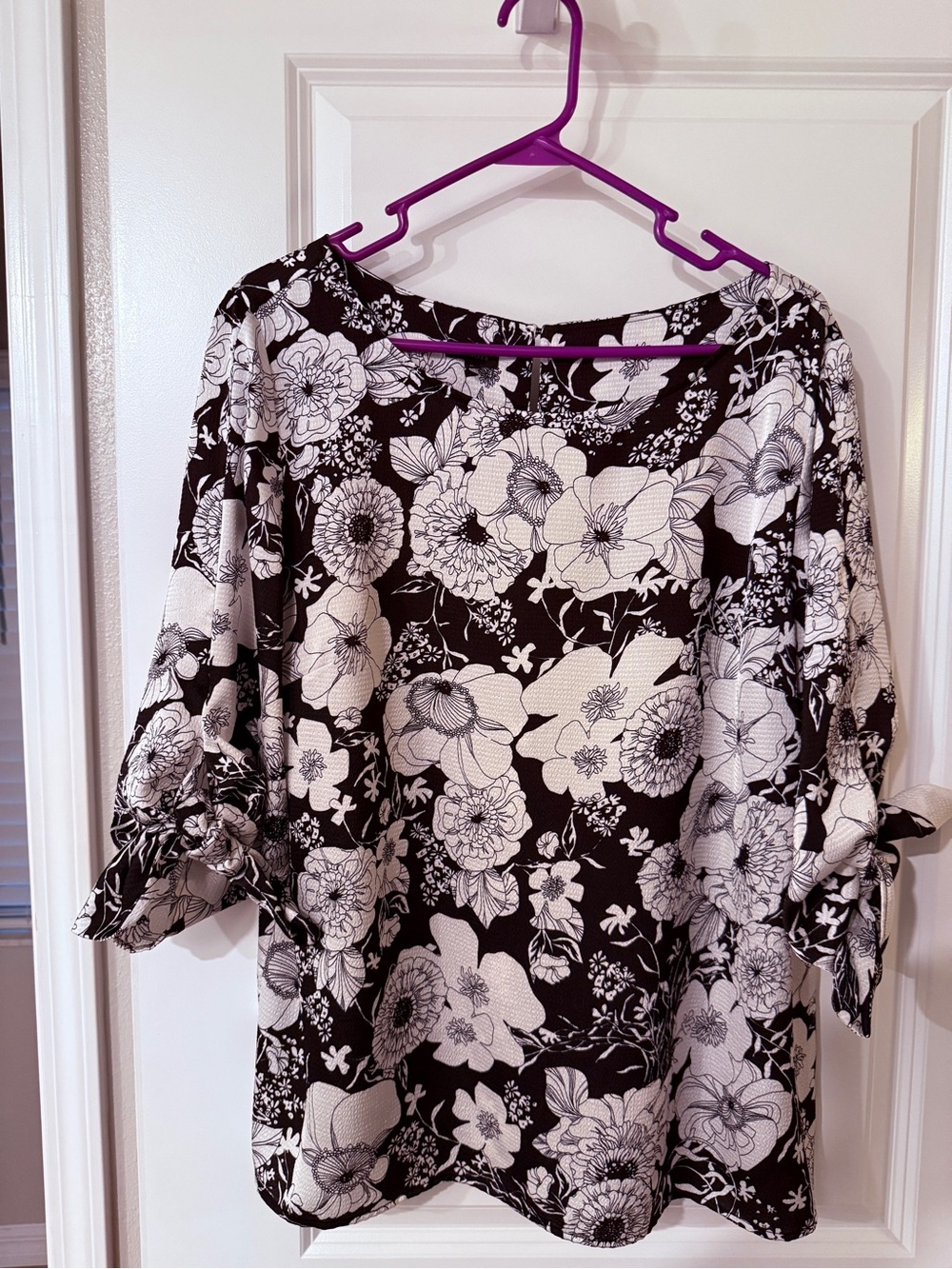 Talbots Black and White Floral Boatneck Blouse